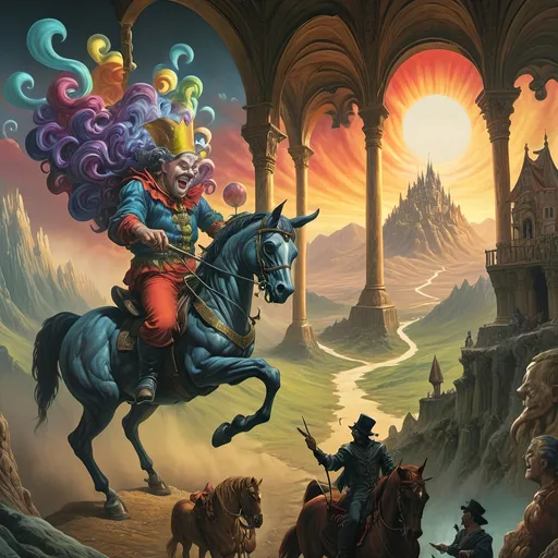 Prompt: Psychadelic (artstyle), dark color scheme, A Seven Wonders Art Glass Studio painting, men riding horses, mountainous area, sunset backdrop, distant castle, (Anato Finnstark), fantasy art, (dark fantasy art), ultra-detailed, matte painting, vibrant swirling patterns, moody atmosphere, contrasting shadows and highlights, immersive .