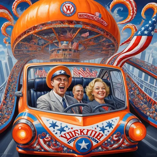 Prompt: (accurately spelled text "Yankee Doodler"), (psychedelic style), (vibrant color scheme), detailed painting, a Russian holding a Florida Orange symbolizing Republican endorsement of Russian authority and control over the U.S., in a thrilling roller coaster car, American flag dramatically waving, intricate Washington D.C. skyline in the background, surreal elements, dynamic perspective, bursting colors, high depth cinematic masterpiece.