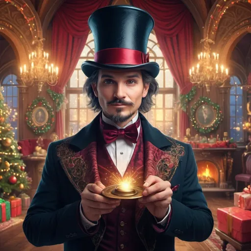 Prompt:  Christmas setting. (magician with top hat), (magical ambiance), intricate details, cheerful expression, (ultra-fine detailed digital painting), vibrant colors, dramatic lighting, Renaissance background with ornate architecture, whimsical elements, captivating aura, enchanting atmosphere, showcasing magical effects and sparkles, (4K), enchanting scene, visually stunning masterpiece.