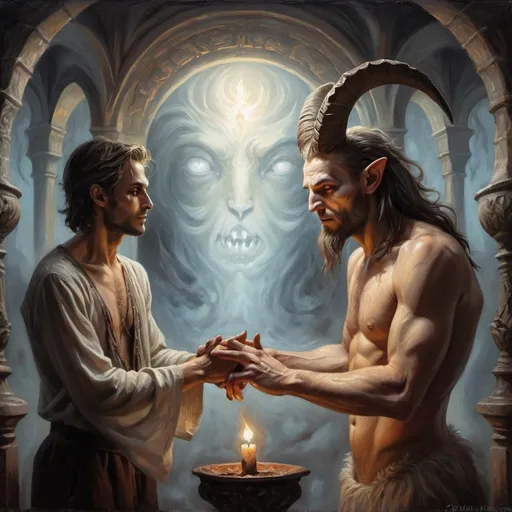 Prompt: (fantasy art scene) a man and a goat touching hands, flickering candlelight casting shadows, dark atmosphere, (mystical) swirling dark hues, ominous sign saying "the devil is coming," (oil painting) intricate details, high contrast lighting, stirring expression, deep textures, fantasy ambiance, (ultra-detailed), capturing the tension of the moment.