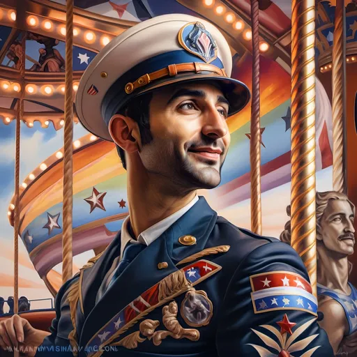 Prompt: (A masterpiece oil painting) of a man in (military uniform), riding the (Carousel of Heroes), vibrant colors highlighting the ornate design of the carousel. The scene is filled with a (nostalgic atmosphere), paying homage to (veterans and active military). Whispering elements of (honor) and (courage) are present, with artistic flourishes emphasizing the essence of (Nuit). The overall feel is (dramatic) and uplifting, portraying both valor and beauty in high definition.