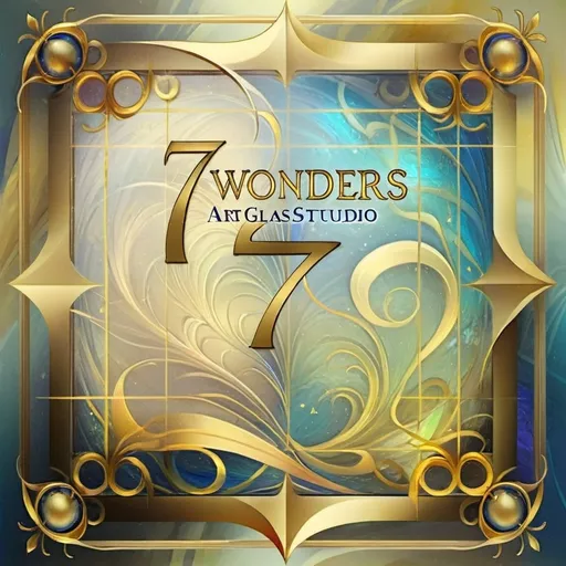 Prompt: (accurately spelled text "7 wonders art glass studio"), book cover design, (gold frame), (blue and yellow swirl design), modern artistic theme, reflections of light and shadow, (kinetic art), dynamic motion feeling, high energy and creativity, vibrant colors, ultra-detailed illustration, global illumination effect, (album cover), visually striking centerpiece, balanced composition, imaginative artistry, visually captivating.