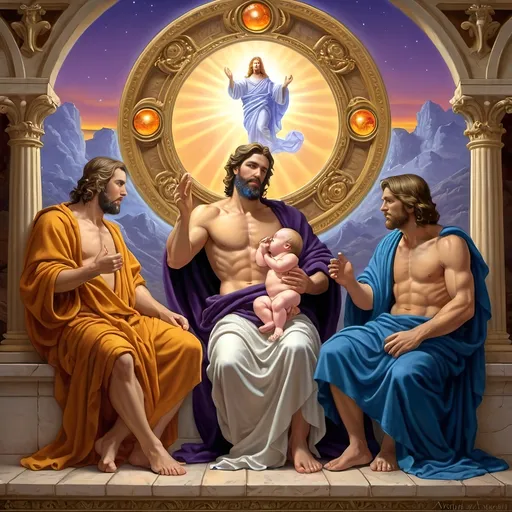 Prompt: (7 Wonders Art Glass Studio) oil painting of (Adam and God in The Creation), featuring the three graces, (baby Jesus) in the foreground, a bearded man, (Brothers Hildebrandt) style, gothic art, rich and ornate details, (Renaissance-era) vibe, ultra-detailed, vibrant colors, dramatic lighting, (oil on canvas) texture, honoring Nuit, masterfully blending biblical themes with elegance, evoking a sense of nostalgia and reverence.