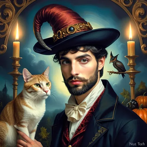 Prompt: (honoring Nuit), captivating handsome man magician with an elegant beard, wearing a pointed witch hat, (renaissance baroque painting style), facial features highlighted in detail, dark mystical background that enhances the allure, rich deep colors creating dramatic contrast, elements of Halloween celebration subtly interwoven, inviting an atmosphere of enchantment and mystery, ultra-detailed, a captivating masterpiece.