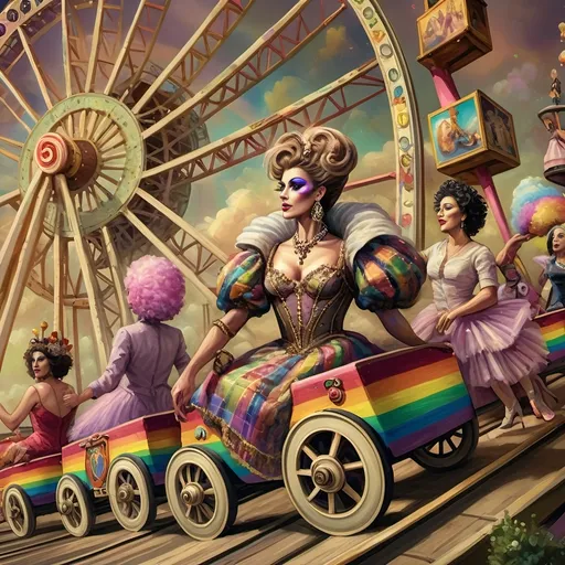 Prompt: (honoring nuit), a mesmerizing painting of colorful drag queens exuding joy and fabulousness while riding a roller coaster, vibrant (rainbow) painted on the side, a whimsical ferris wheel creating a festive atmosphere in the background, whimsical cotton candy clouds, (dynamic movement), warm pastel colors enhancing the lively scene, ultra-detailed, high-quality artwork capturing a celebratory ambiance.