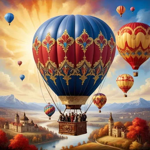 Prompt: (vibrant color scheme), (Baroque style), majestic hot air balloon, symbolizing gratitude and warmth, colorful balloons adorned with intricate patterns, lush landscapes in the background, exuding a sense of elevation and joy, detailed textures, rich hues of reds, golds, and blues, soft rays of golden sunlight illuminating the scene, ultra-detailed, artistic masterpiece.