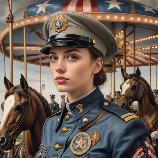 Prompt: A Seven Wonders Art Glass Studio oil renaissance painting of a man in military uniform riding on Carousel of Heroes.  Honors veterans and those serving in U.S. Military.  Honoring Nuit.  