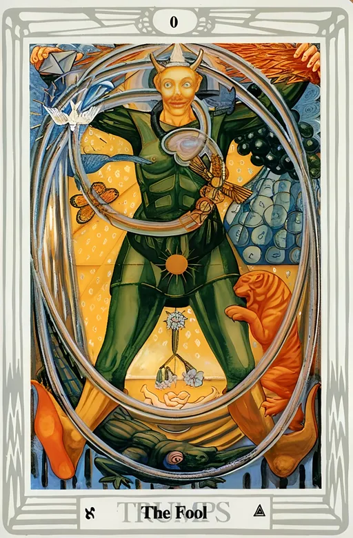 Prompt: (A Seven Wonders Art Glass Studio masterpiece), (The Fool Tarot Card), (vibrant color scheme), (art deco style), (oil painting), intricate details, celestial theme, incorporating the figure of Thoth, elegant lines, balanced composition, hints of gold and deep blues, whimsical elements representing freedom and new beginnings, mystical ambiance, high-quality HD texture, celebrating Nuit.