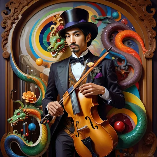 Prompt: (art deco painting), (exciting misc-macabre), intricate depiction of a magician asian with a striking expression, (dark, ornate dragon) resting on his shoulder, (vibrant color scheme), heavy porcelain and stained glass accents, dramatic lighting highlighting the details, enchanting and mysterious atmosphere, showcasing rich textures and ornate designs, ultra-detailed, captivating visual storytelling hand-painted masterpiece.