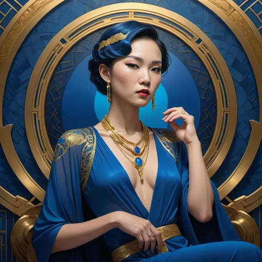 Prompt: art deco style, (vibrant color scheme), Asian androgynous figure, pre-op, elegant blue dress, adorned with a (gold necklace), intricate circular design background, tonal blue gradients, (highly detailed digital painting), photorealistic masterpiece, mythic atmosphere, dramatic contrasts, plush textures, lighting that enhances features, exquisite artistry, dynamic composition, magical essence.