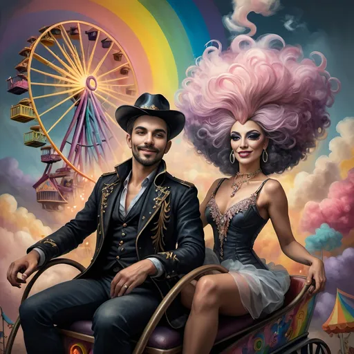 Prompt: (honoring nuit), a mesmerizing painting of colorful drag queens exuding joy and fabulousness while riding a roller coaster, vibrant (rainbow) painted on the side, a whimsical ferris wheel creating a festive atmosphere in the background, whimsical cotton candy clouds, (dynamic movement), warm pastel colors enhancing the lively scene, ultra-detailed, high-quality artwork capturing a celebratory ambiance.