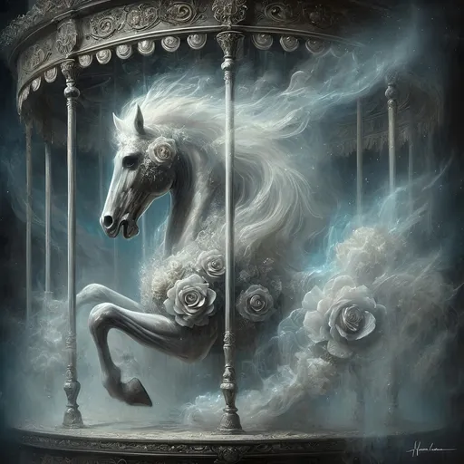 Prompt: (artstyle-renaissance painting), still life, (muted color scheme), a carousel horse ghost, adorned with roses on its back legs, fantasy artwork, dreamy sky background, airbrush painting, ethereal atmosphere, delicate details, tranquil ambiance, soft lighting, ultra-detailed, high-quality craftsmanship, vibrant yet soft textures, whimsical elements.