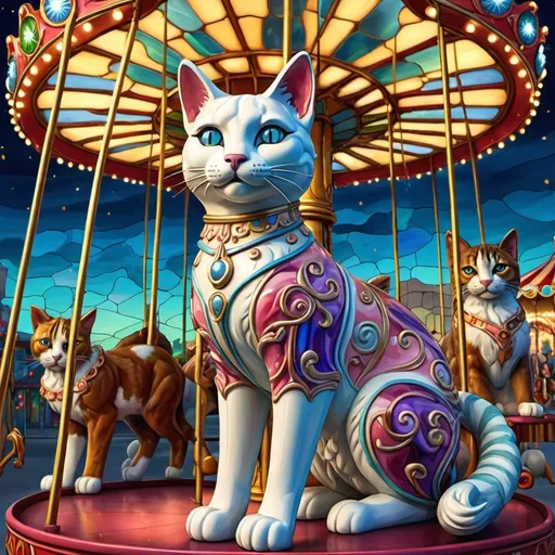 Prompt: (misc-stained glass style), vibrant color scheme, (cat statue on a merry-go-round ride), dazzling lights in the background, whimsical carousel in the back, (Chris LaBrooy influenced), (pop surrealism), (highly detailed digital art), photorealistic painting, enchanting atmosphere, bold hues, intricate textures, imaginative composition, vivid reflections, playful ambiance, 4K quality, inviting charm.