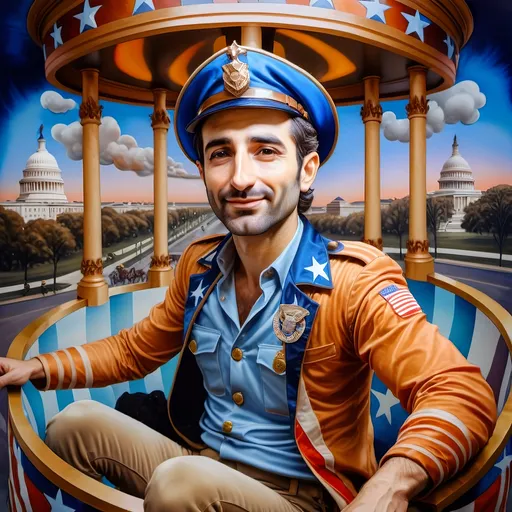 Prompt: (A Seven Wonders Art Glass Studio), oil renaissance painting, (vibrant colors), a man in military uniform, proudly riding on a Carousel of Heroes, surrounded by gracefully carved horses, soft, glowing ambiance, honoring veterans and those serving in the U.S. Military, warm golden lighting, intricate details in the uniform, carousel with richly adorned decorations, respectful atmosphere, high quality, ultra-detailed.