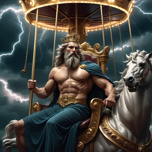 Prompt: (Art Deco style), richly (dark color scheme), depicting Zeus, a bearded man, wearing a crown, holding a pole on a carousel, dramatic (lightning in the background), (fantasy art), (highly detailed digital painting), a masterpiece by Bastien L. Deharme, atmospheric, immersive, captivating details, exquisite textures, ultra-detailed portrait, cinematic depth, electrifying ambiance.