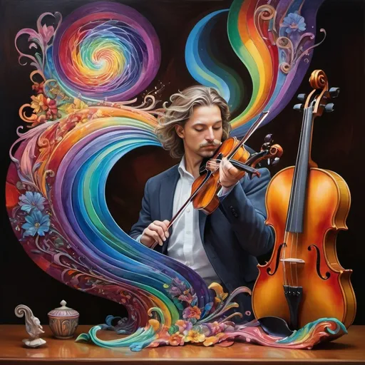 Prompt: art nouveau style, (vibrant colors), painting of a man playing violin, intricate items surrounding him, complex rainbow swirl background, (emotion of harmony and creativity), surreal depiction of sound waves as colors, rhythmic patterns, expressive facial features, ethereal ambiance, whimsical elements, (HD), highly detailed masterpiece.