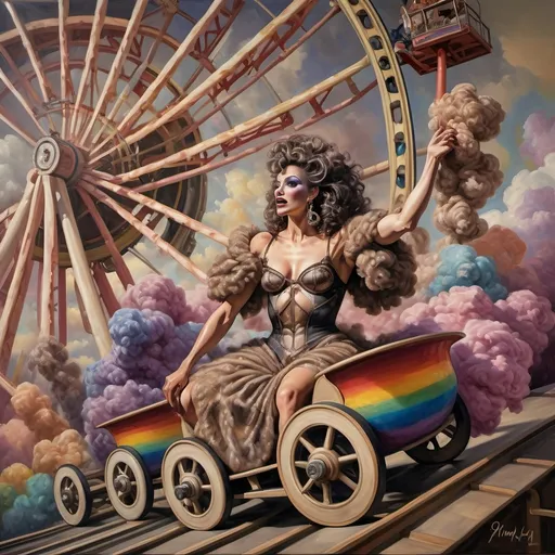 Prompt: (honoring nuit), a mesmerizing painting of colorful drag queens exuding joy and fabulousness while riding a roller coaster, vibrant (rainbow) painted on the side, a whimsical ferris wheel creating a festive atmosphere in the background, whimsical cotton candy clouds, (dynamic movement), warm pastel colors enhancing the lively scene, ultra-detailed, high-quality artwork capturing a celebratory ambiance.