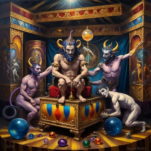 Prompt: (7 Wonders Art Glass Studio), (oil painting), demons as jack-in-the-boxes, circus setting, (highly detailed), (ultra-fine details), esoteric ambiance, dark and mysterious atmosphere, surreal colors, intricate textures, curiosity sparks, vivid contrasting shadows, ethereal lighting, artistically whimsical exhibits, hauntingly beautiful, capturing the essence of Nuit.