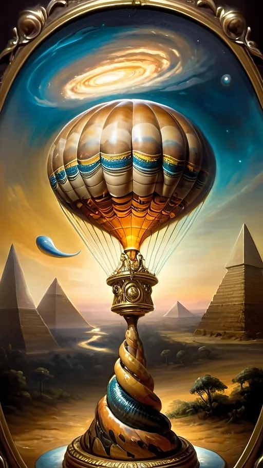 Prompt: (masterpiece oil painting) “7 Wonders Art Glass Studio” hot air balloon, adorned with a striking painting of a vibrant snake, soaring against a celestial sky filled with shimmering stars and planets, honoring (ancient deities Nuit and Horus), framed by the iconic Great Pyramids, symbolically celebrating Thoth. Rich, vivid colors, dynamic brush strokes, high-detail elegance for a compelling visual narrative. 