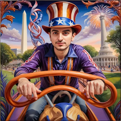 Prompt: A (masterful) Seven Wonders Art Glass Studio painting, depicting a (charming) magician man in a (patriotic) top hat, joyfully riding a rollercoaster in Liberty Park, featuring vibrant colors and whimsical elements, with a prominent Washington Monument in the background, intricately integrated with the phrase (accurately spelled text "Yankee Doodle"), all while encapsulating the theme of (honoring Nuit and the Aeon of Horus), ultra-detailed, colorful and dynamic atmosphere.