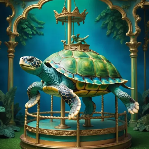 Prompt: (turtle on a carousel), (surrealist sculpture), vibrant blue and lush green backgrounds, (gold frame), whimsical atmosphere, high detail, pop surrealism, inspired by Chris LaBrooy, imaginative composition, extraordinary depth, astonishing textures, dreamy lighting effects, unique surreal photography style, splendid craftsmanship, captivating expression, ultra-detailed, 4K resolution.