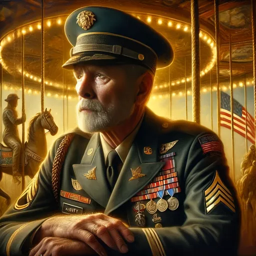 Prompt: a painting of a man in uniform on a carousel with a carousel horse in the background and a carousel with lights, Bob Byerley, fantastic realism, highly detailed oil painting, a photorealistic painting