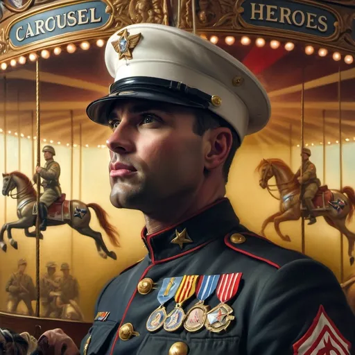 Prompt: A Seven Wonders Art Glass Studio oil renaissance painting of a man in military uniform riding on Carousel of Heroes.  Honors veterans and those serving in U.S. Military.  Honoring Nuit.  