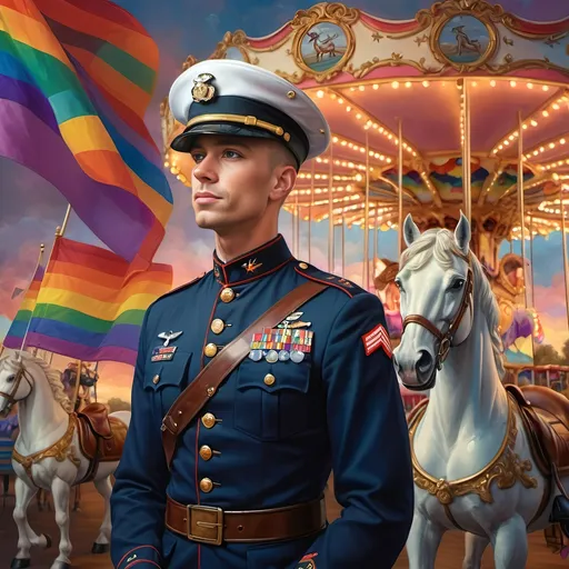 Prompt: Gay Marine man in uniform, standing proudly, (vivid colors), carousel of dreams in the background, whimsical atmosphere, a majestic horse alongside, (rainbow flag) fluttering brightly, emotional expression of confidence and hope, intricate details in uniform and carousel, (aesthetically pleasing composition), (photorealism), (ultra-detailed), highly detailed digital painting, invoking a sense of pride and joy.