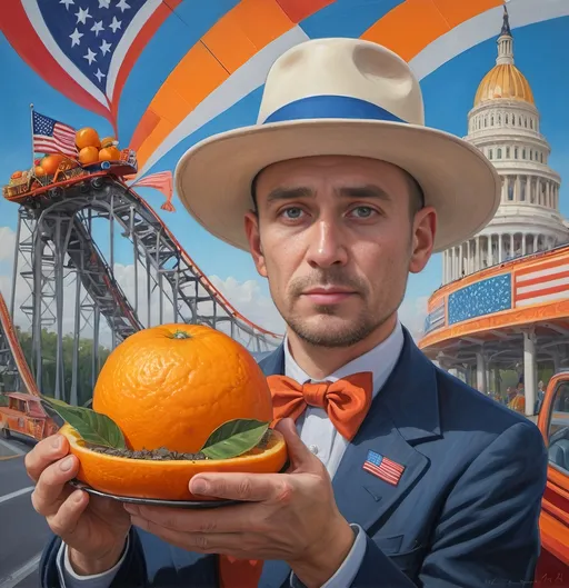 Prompt: (painting of a Russian in a hat), holding a Florida orange, (roller coaster car), reads "(accurately spelled text 'Yankee Oranges')", adorned with an American flag, Washington D.C. in background, (psychedelic art), (hypermaximalist), vibrant colors, whimsical elements, extraordinary patterns, reminiscent of 1960s posters, (ultrafine detailed painting), captivating scene, dynamic atmosphere, engaging composition, highly detailed textures.