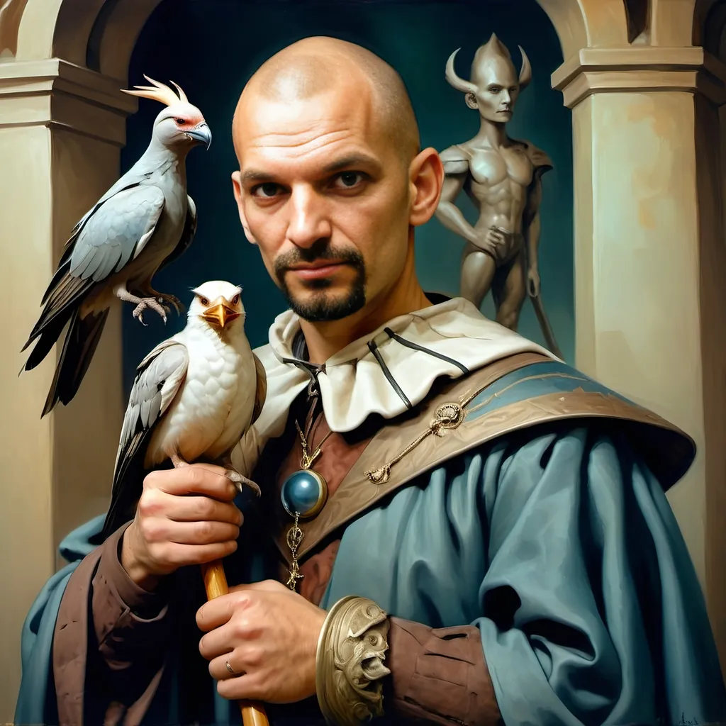 Prompt: A (captivating) oil painting depicting a (mysterious magician) with a (horned head), a (bird perched gracefully on his shoulder), holding a (beautifully crafted cane) and an (orb in his hand), beautifully capturing themes of (fantasy) and (transformation). Character portrait-style, influenced by (Clint Cearley's) signature artistry, with ethereal hues and (vivid detailing) honoring the legendary figures of (Pan and Nuit), set against a dreamy, (surreal background) that evokes wonder.