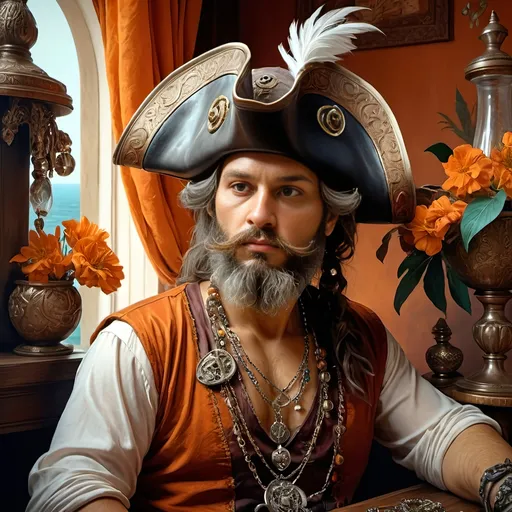 Prompt: a 7 Wonders Art Glass Studio oil painting (honoring Nuit) of a Caribbean pirate with a beard and a headdress on his head and a necklace on his neck, Alejandro Burdisio, qajar art, highly detailed digital painting, a photorealistic painting