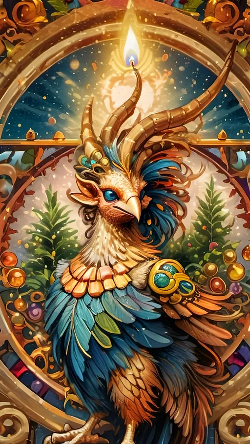 Prompt: (vibrant art nouveau still life), colorful magical painting, (intricate satyr man) with prominent horns, adorned with a festive wreath, holding a glowing candle, (ornate Christmas tree) in the background, rich intricate stained glass details, (refined porcelain influences), warm luminous lighting, lush textures, whimsical ambiance, and ultra-detailed craftsmanship that evokes the enchanting spirit of the holiday season.