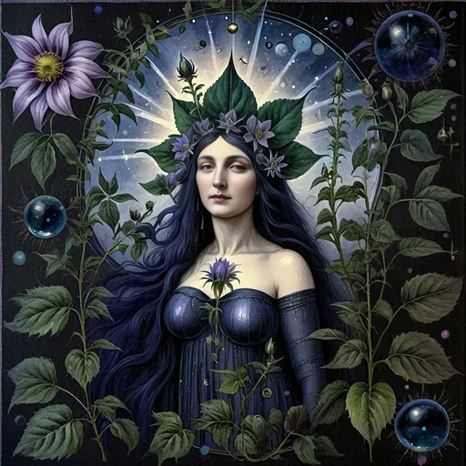 Prompt: a 7 Wonders Art Glass Studio Renaissance Period Art oil painting of a woman goddess (honoring the Goddess Nuit) with long hair and a sun (her companion) in the background, surrounded by flowers and leaves, Amanda Sage, fantasy art, autumn, a fine art painting