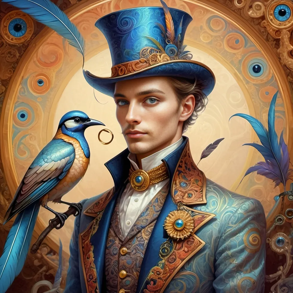 Prompt: a painting of a colorful bird with a circular background and a gold ring around it's neck and a blue eye, Android Jones, psychedelic art, highly detailed digital painting, a detailed painting