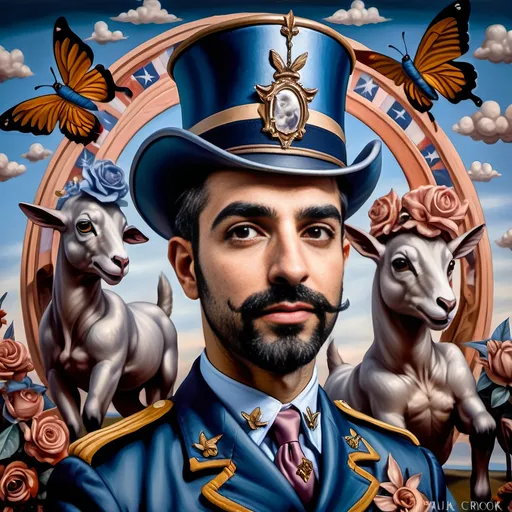 Prompt: A Seven Wonders Art Glass Studio oil masterpiece painting of a goat with a top hat and flowers on its head and a butterfly honoring Nuit.  Commissioned Spring Equinox 1467 Renaissance pop surrealism, pj crook, a detailed painting