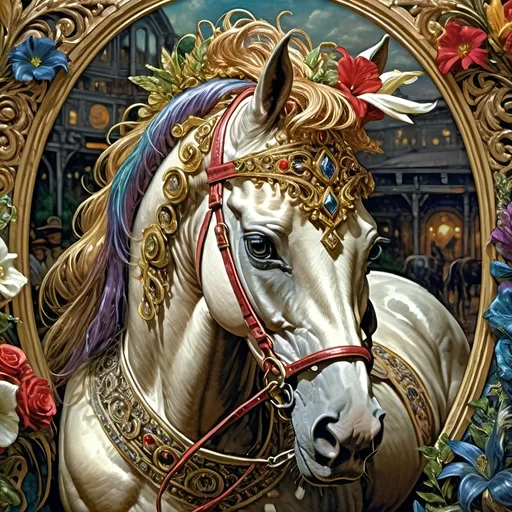 Prompt: A (Seven Wonders Art Glass Studio) portrait painting of a horse jockey and his horse at the Kentucky Derby, (Renaissance period) style, (Art Deco) attire, exquisite attention to detail, honoring Nuit, rich azure, glimmering gold, deep purples, captivating and luxurious hues, ornate patterns, vivid brush strokes, (ultra-detailed), conveying a sense of elegance and nostalgia within a dynamic derby setting.