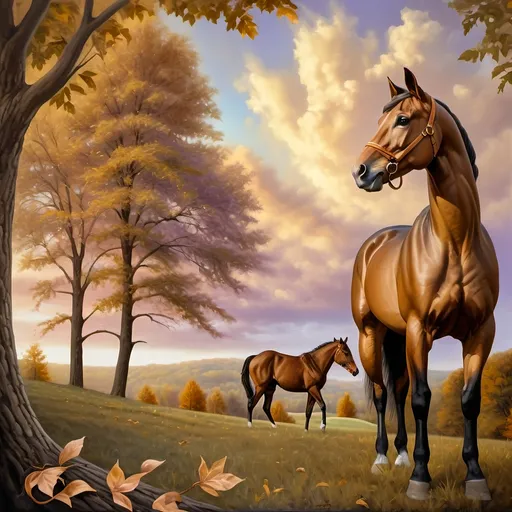 Prompt: (Honoring Nuit), highly detailed oil painting, thoroughbred horse, elegant posture, lush Kentucky farm, evening dusk setting, warm and vibrant hues, soft golden light reflecting off the horse’s coat, scenic rolling hills in the background, tranquil ambiance, serene atmosphere, ultra-detailed, masterpiece quality, evocative emotional tone, captivating and luminous sky blending soft pinks and deep purples, harmonious nature scene.