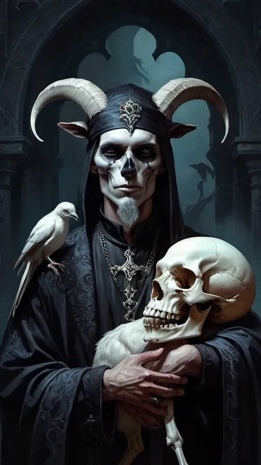 Prompt: (mystical man with a skull and goat head), (holding a skull in his hand), (bird perched on his shoulder), intricate details, gothic art style, fantasy character portrait, vibrant yet dark color palette, dramatic shadows, moody atmosphere, ethereal background, lush texturing, fine art painting, ultra-detailed, captivating scene, mystical ambiance, celebrating the gothic theme.