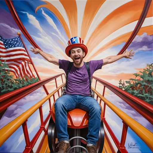 Prompt: A Seven Wonders Art Glass Studio masterpiece painting of a man in a patriotic hat riding Freedom rollercoaster in D. C.’s new amusement park named Freedom Park.  Honoring Nuit.