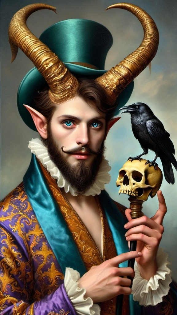 Prompt: (gothic art), (dark fantasy), a man with a skull and horned head, intricately detailed, holding a skull in one hand, a crow perched on his shoulder, dramatic shadows, rich dark tones, ethereal mist, gothic elements, Anne Stokes style, high-quality fine art painting, captivating and mysterious ambiance, 4K ultra-detailed masterpiece.