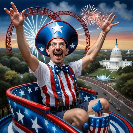 Prompt: (A Seven Wonders Art Glass Studio masterpiece) painting of a man wearing a patriotic hat, (thrilling pose) riding the Freedom rollercoaster, (vibrant colors), scenic background of Freedom Park in D.C., (dynamic movement), celebrating freedom, eternal spark of joy, whimsical ambiance, soft warm lighting, highly detailed, clarity, engaging and joyful atmosphere, surrounded by delighted visitors, landmarks in the distance.