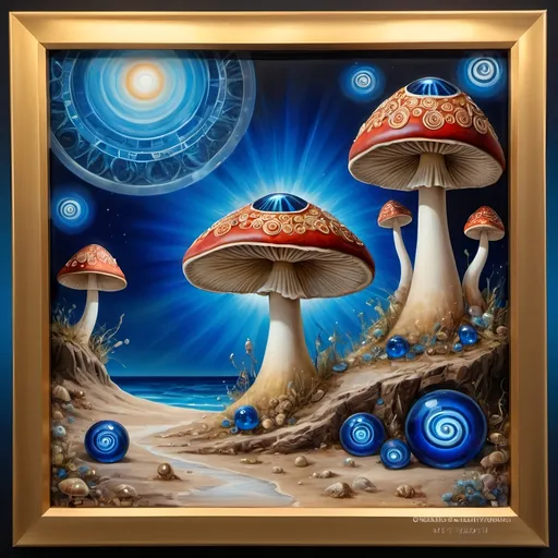 Prompt: (7 Wonders Art Glass Studio masterpiece), oil painting, (honoring Nuit), magical mushroom, (vibrant blue shell), (striking blue eye), Eye of Horus, rich textures, dreamy atmosphere, whimsical background, stars and cosmic elements, (ethereal lighting), enchanting details, high-quality, ultra-detailed composition, surreal and imaginative style.