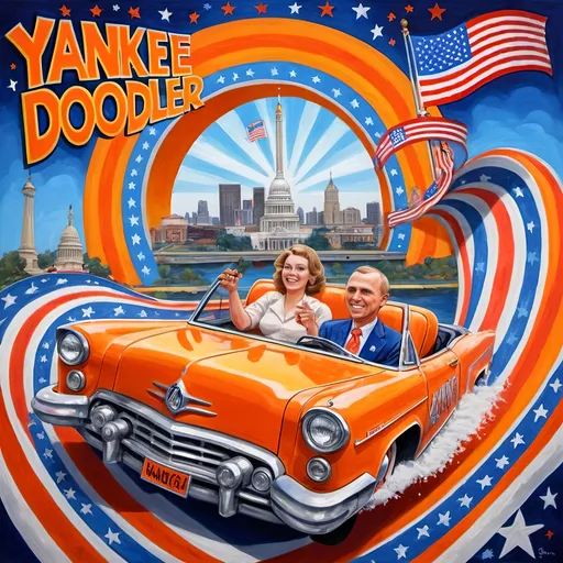 Prompt: (accurately spelled text "Yankee Doodler"), (psychedelic style), (vibrant color scheme), detailed painting, a Russian holding a Florida Orange symbolizing Republican endorsement of Russian authority and control over the U.S., in a thrilling roller coaster car, American flag dramatically waving, intricate Washington D.C. skyline in the background, surreal elements, dynamic perspective, bursting colors, high depth cinematic masterpiece.