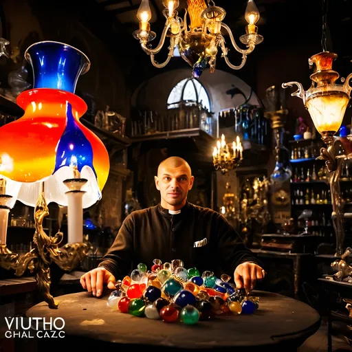 Prompt: (Baroque style) Glass Artisan and Magician, (vibrant colors), man wearing a magical top hat, carefully constructing enchanting magical lights in an intricate chandelier. Lush workshop setting, blending the magic of the real world with Murano’s artistry, (Venice), surrounded by stunning glass artworks, dramatic shadows, and a cozy ambiance, (ultra-detailed).