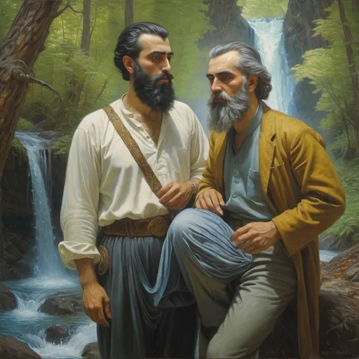 Prompt: a painting of two men in a forest with a waterfall in the background and a man with a beard, Donato Giancola, qajar art, classical painting, a painting