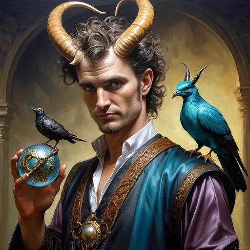 Prompt: A fine art oil painting by Seven Wonders Art Glass Studio is a magician man transforming with a horned head and a bird on his shoulder holding a cane and a ball in his hand, Clint Cearley, fantasy art, fantasy character portrait, a character portrait.  Honors Pan and Nuit.