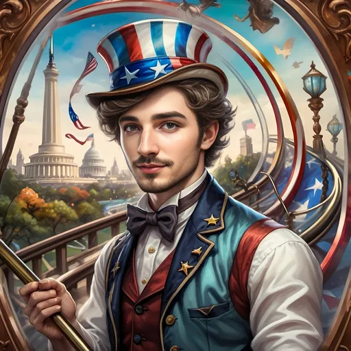 Prompt: (A Seven Wonders Art Glass Studio masterpiece) painting of a man wearing a patriotic hat, (thrilling pose) riding the Freedom rollercoaster, (vibrant colors), scenic background of Freedom Park in D.C., (dynamic movement), celebrating freedom, eternal spark of joy, whimsical ambiance, soft warm lighting, highly detailed, clarity, engaging and joyful atmosphere, surrounded by delighted visitors, landmarks in the distance.