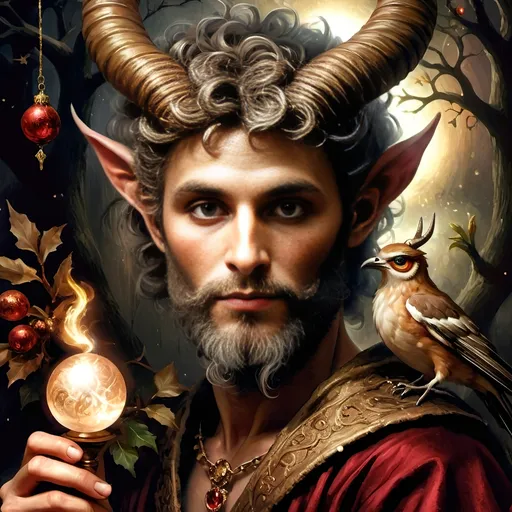 Prompt: A (captivating) oil painting depicting a (mysterious magician) with a (horned head), a (bird perched gracefully on his shoulder), holding a (beautifully crafted cane) and an (orb in his hand), beautifully capturing themes of (fantasy) and (transformation). Character portrait-style, influenced by (Clint Cearley's) signature artistry, with ethereal hues and (vivid detailing) honoring the legendary figures of (Pan and Nuit), set against a dreamy, (surreal background) that evokes wonder.