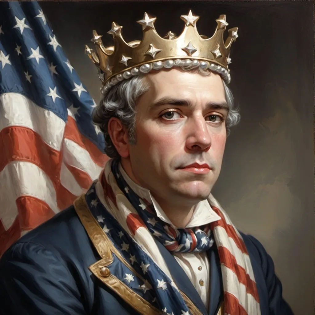 Prompt: a painting of a man wearing a crown and a scarf with stars and stripes on it, with an american flag in the background, Edward Otho Cresap Ord, II, american romanticism, official art, a character portrait