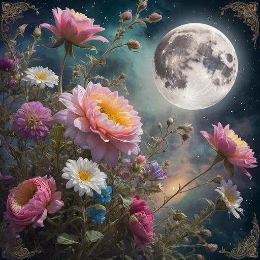 Prompt: (accurately spelled text "the moon is in the sky"), (Nuit), flowers, moon, enchanting sky, vibrant colors, ethereal ambiance, fantasy art, intricate details, celestial theme, floral elements, artistic frame, captivating composition, mystical and whimsical, highly detailed digital painting, sublime lighting, rich textures, awe-inspiring beauty, 4K quality, vivid and colorful palette.